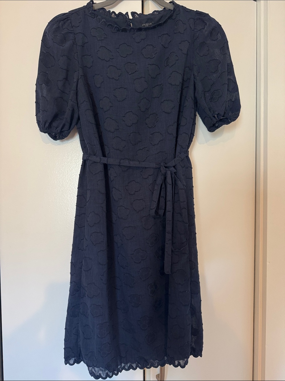 Ann Taylor Navy Textured Puff-Sleeve Dress with Waist Tie
